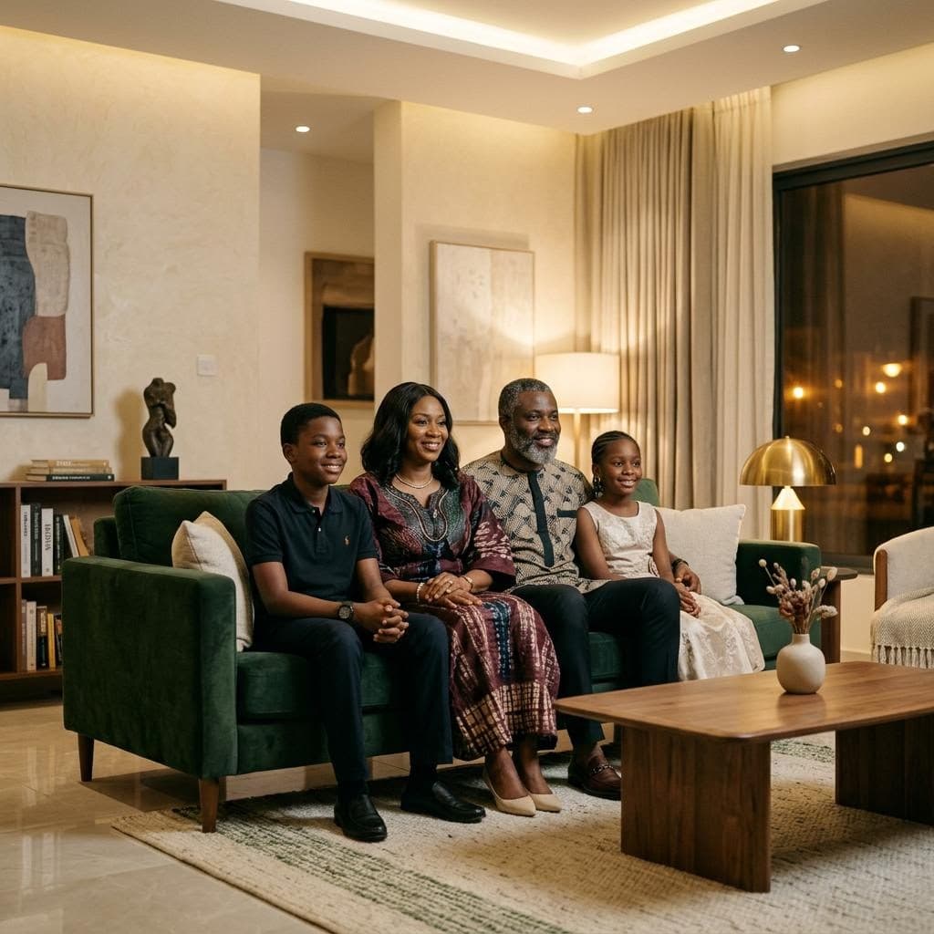 Parents and their two children sitting together on a sofa at home